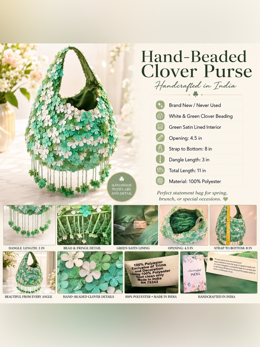 Made in India Hand-Beaded Clover Purse - Green & White